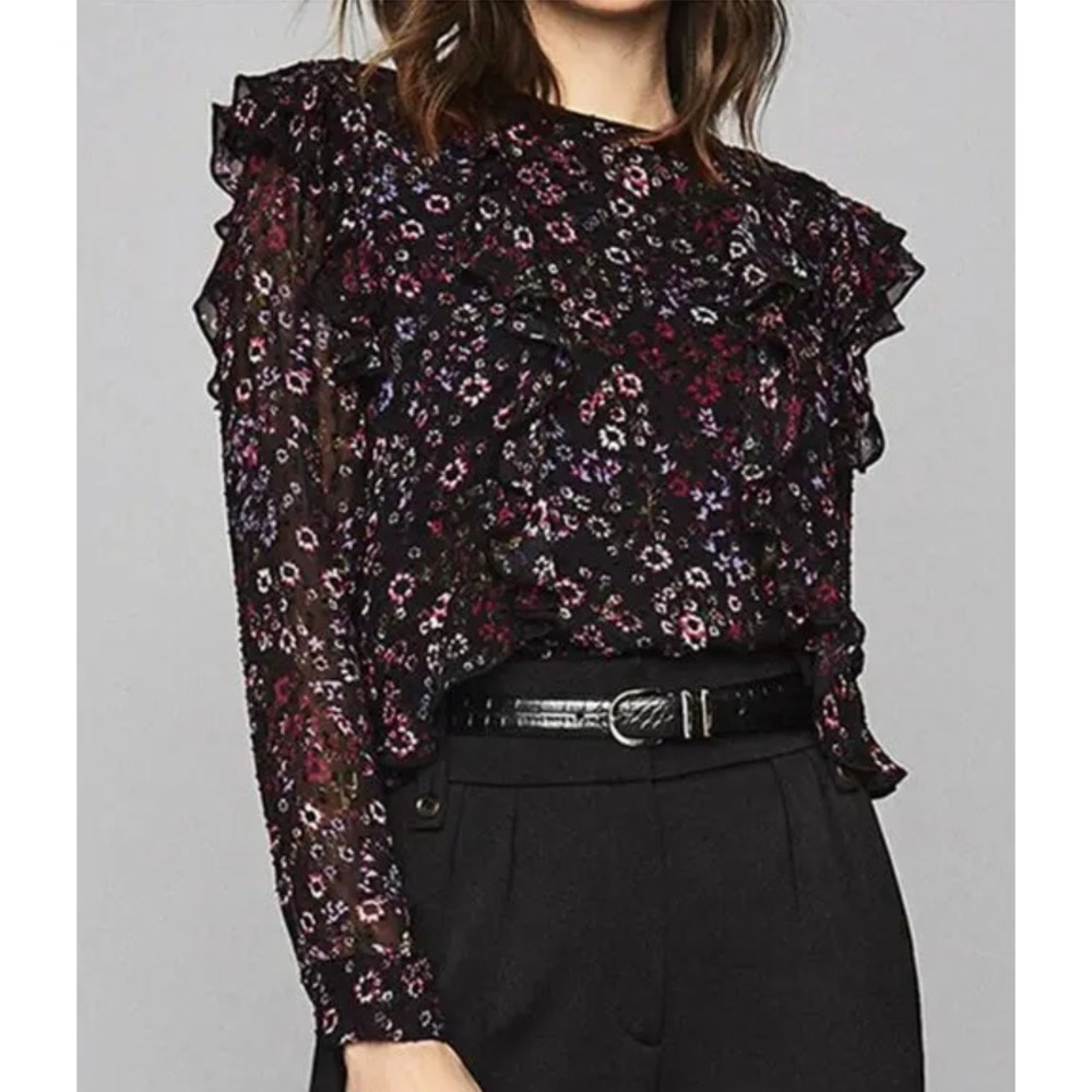 REISS Faiza India Floral Ruffle Blouse Size 4 Black Sheer Open Back Pintuck Boho